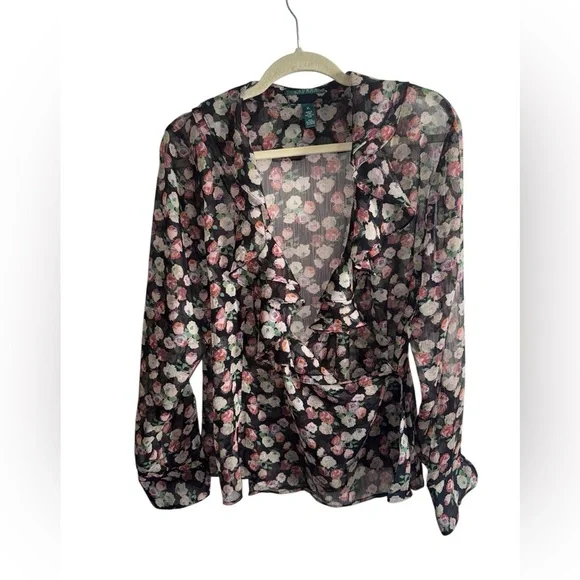 Lauren Ralph Lauren Sheer Floral Ruffle Blouse XL – Romantic Black Rose Print - Picture 1 of 9